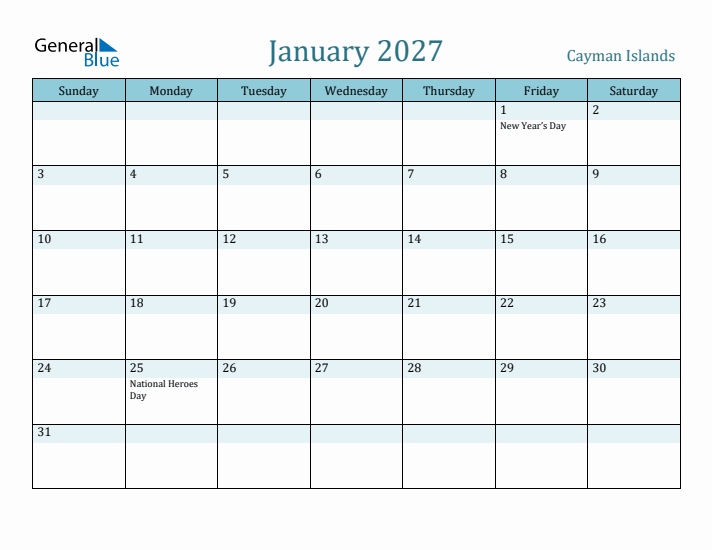 January 2027 Calendar with Holidays
