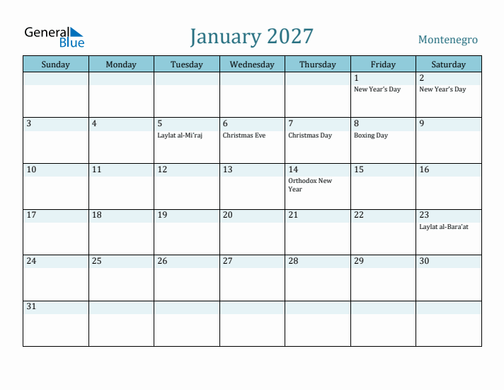 January 2027 Calendar with Holidays