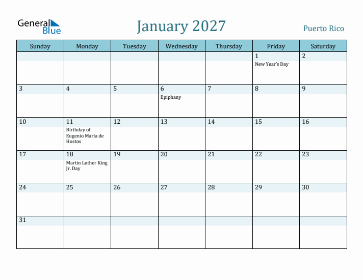 January 2027 Calendar with Holidays