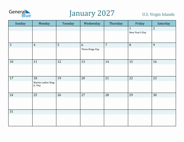 January 2027 Calendar with Holidays