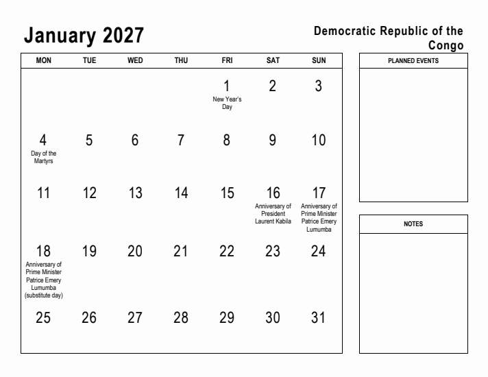 January 2027 Printable Monthly Calendar with Democratic Republic of the Congo Holidays