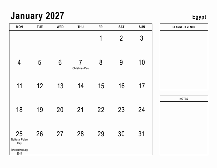 January 2027 Printable Monthly Calendar with Egypt Holidays