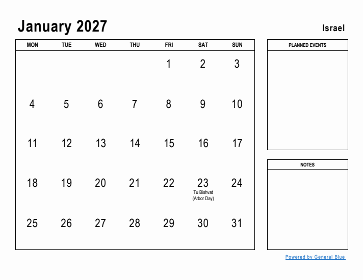 January 2027 Printable Monthly Calendar with Israel Holidays