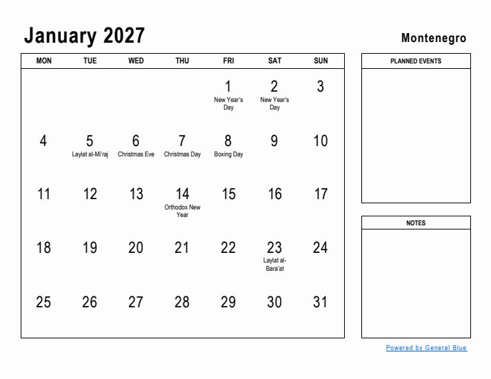 January 2027 Printable Monthly Calendar with Montenegro Holidays