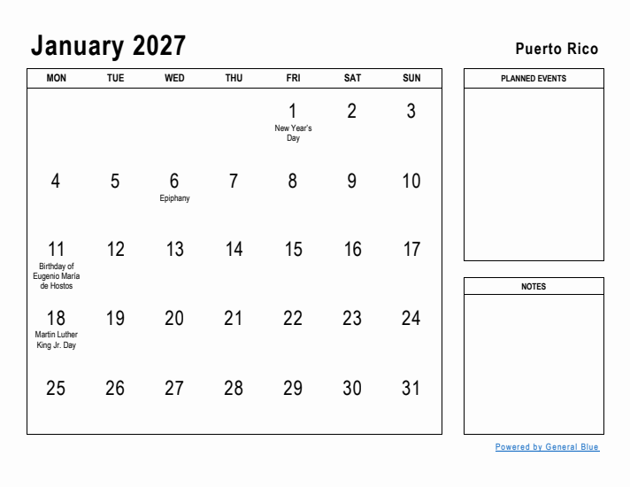 January 2027 Printable Monthly Calendar with Puerto Rico Holidays