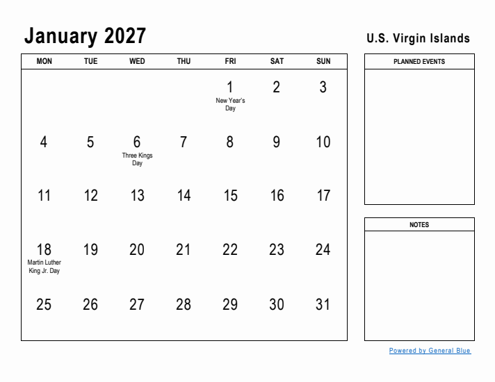 January 2027 Printable Monthly Calendar with U.S. Virgin Islands Holidays