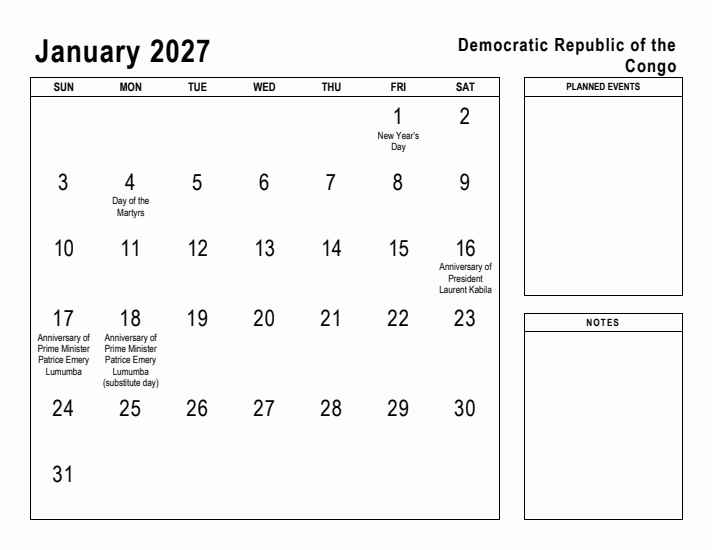 January 2027 Printable Monthly Calendar with Democratic Republic of the Congo Holidays
