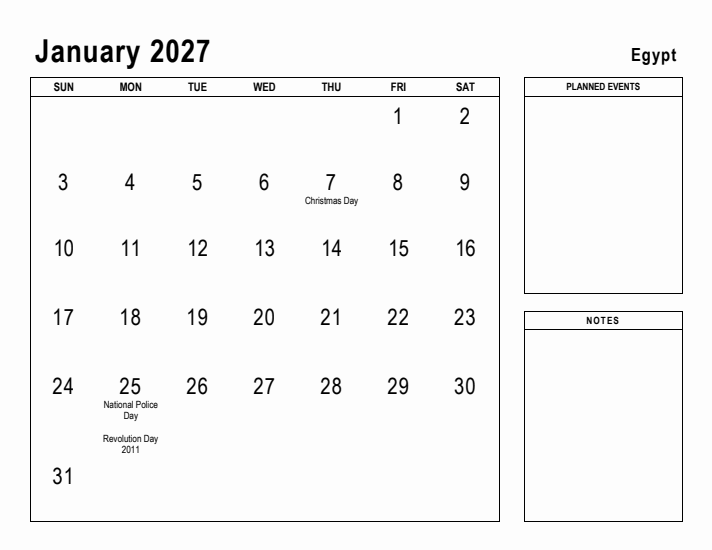 January 2027 Printable Monthly Calendar with Egypt Holidays