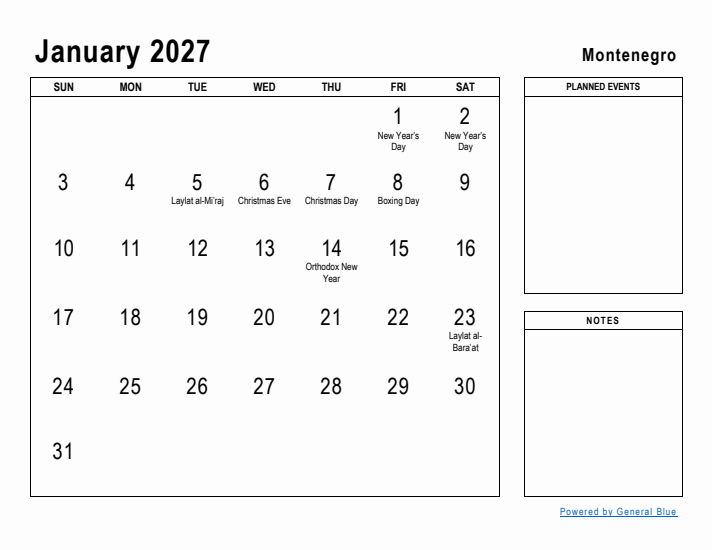 January 2027 Printable Monthly Calendar with Montenegro Holidays