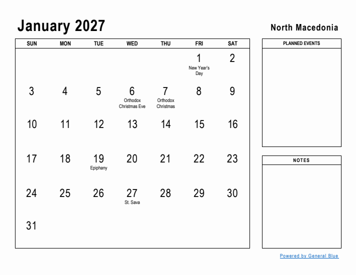 January 2027 Printable Monthly Calendar with North Macedonia Holidays