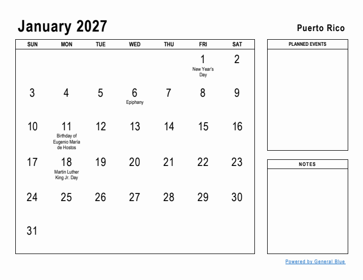 January 2027 Printable Monthly Calendar with Puerto Rico Holidays