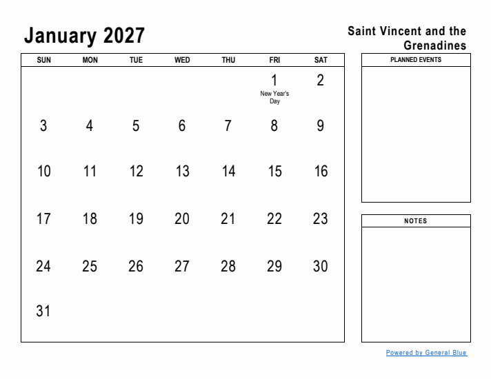 January 2027 Printable Monthly Calendar with Saint Vincent and the Grenadines Holidays