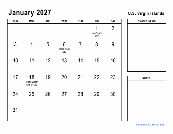 January 2027 Printable Monthly Calendar with U.S. Virgin Islands Holidays