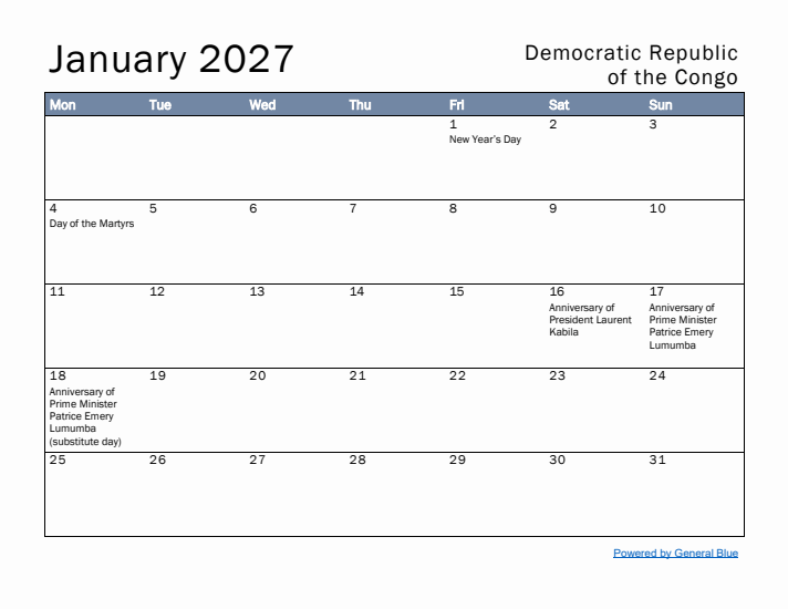 January 2027 Simple Monthly Calendar for Democratic Republic of the Congo