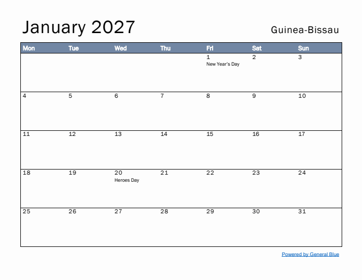 January 2027 Simple Monthly Calendar for Guinea-Bissau