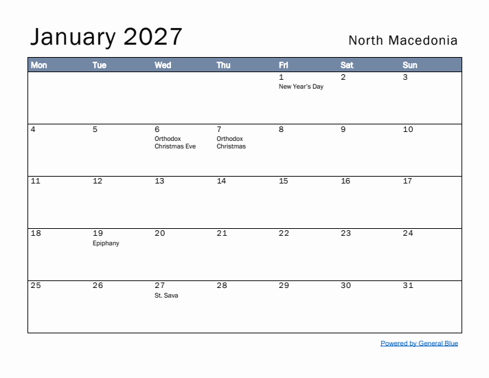 January 2027 Simple Monthly Calendar for North Macedonia