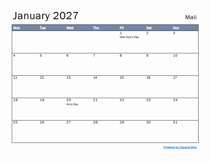 January 2027 Simple Monthly Calendar for Mali