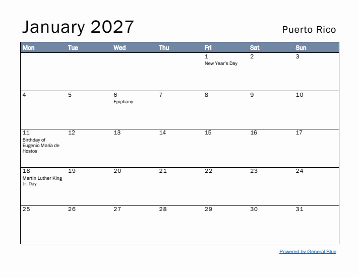 January 2027 Simple Monthly Calendar for Puerto Rico