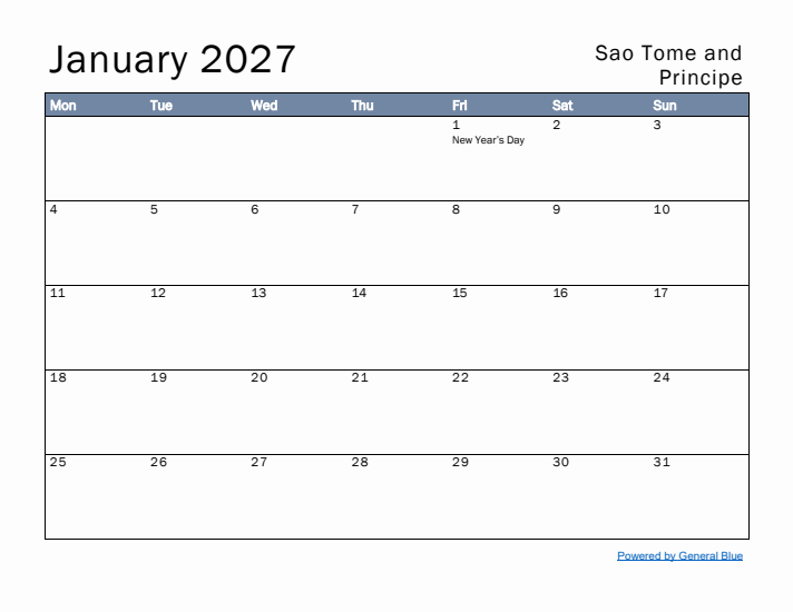 January 2027 Simple Monthly Calendar for Sao Tome and Principe