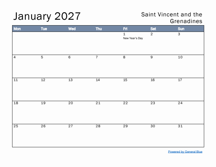 January 2027 Simple Monthly Calendar for Saint Vincent and the Grenadines