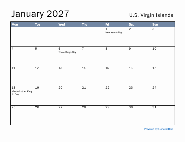 January 2027 Simple Monthly Calendar for U.S. Virgin Islands