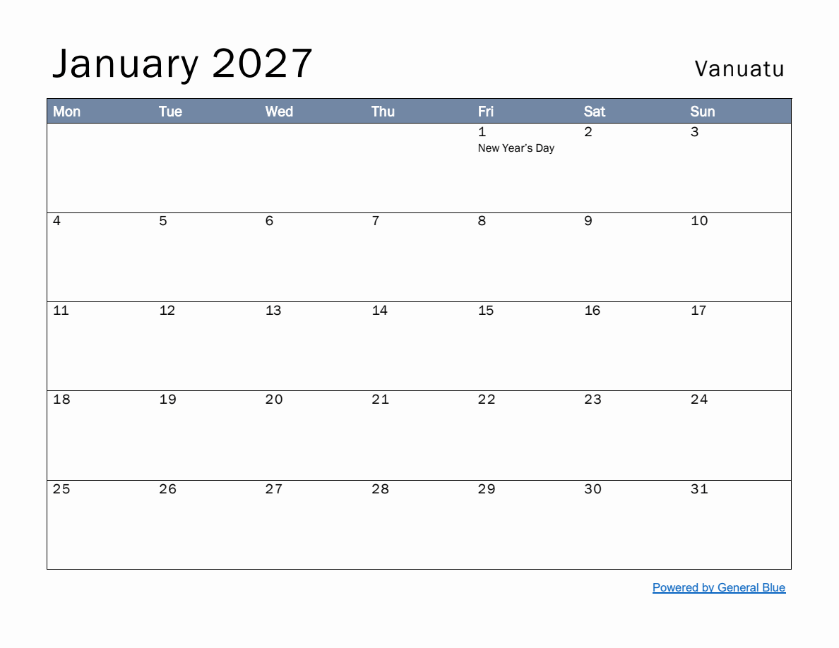 Free Monthly Calendar Template for January 2027 with Vanuatu Holidays ...