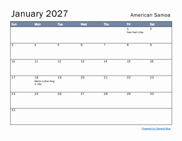 January 2027 Simple Monthly Calendar for American Samoa