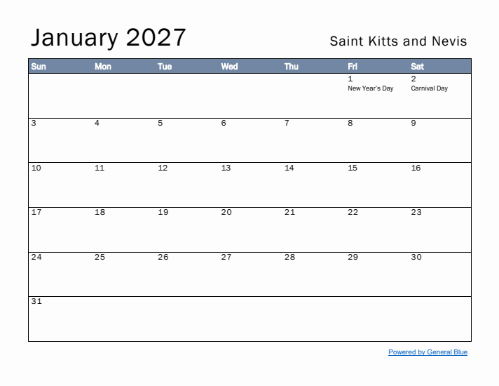 January 2027 Simple Monthly Calendar for Saint Kitts and Nevis