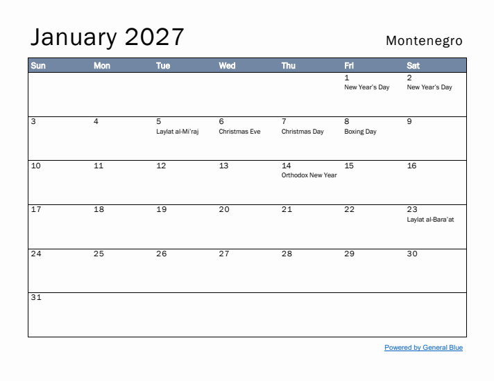 January 2027 Simple Monthly Calendar for Montenegro