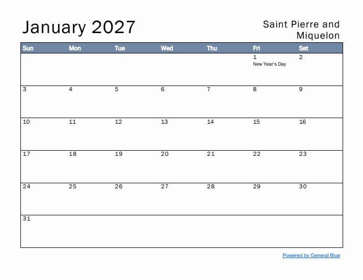 January 2027 Simple Monthly Calendar for Saint Pierre and Miquelon