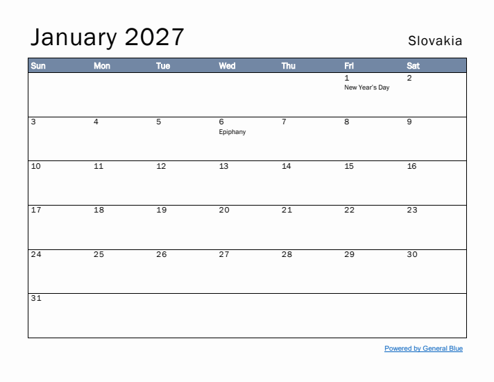 January 2027 Simple Monthly Calendar for Slovakia