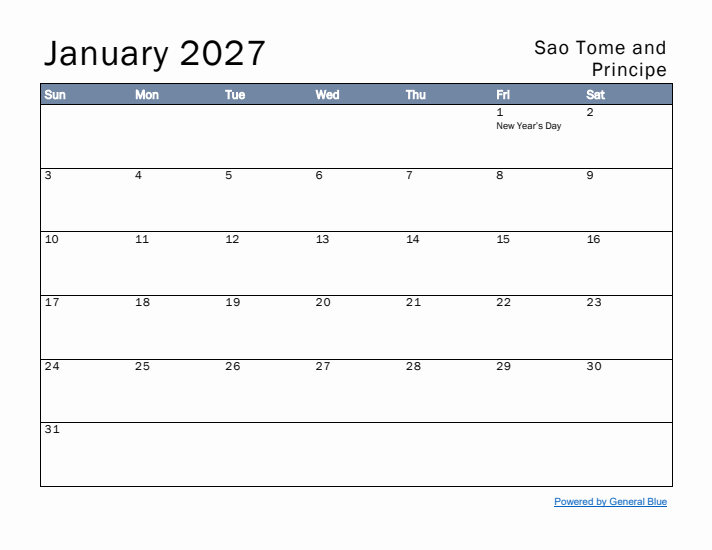 January 2027 Simple Monthly Calendar for Sao Tome and Principe