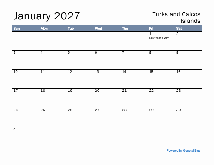 January 2027 Simple Monthly Calendar for Turks and Caicos Islands