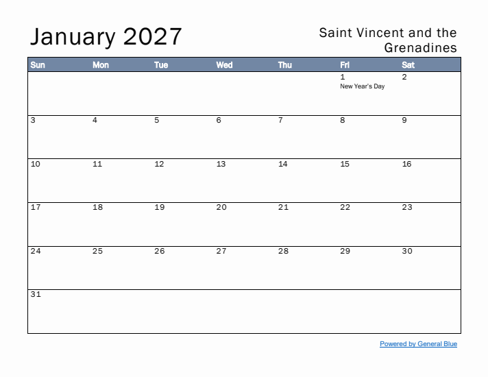 January 2027 Simple Monthly Calendar for Saint Vincent and the Grenadines