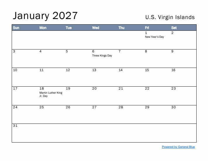 January 2027 Simple Monthly Calendar for U.S. Virgin Islands
