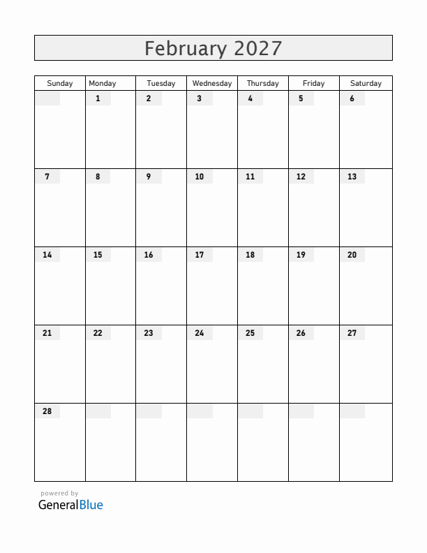 Blank February 2027 Calendar