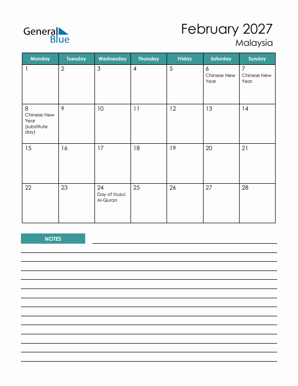 Calendar with Notes Printable - Monday Start