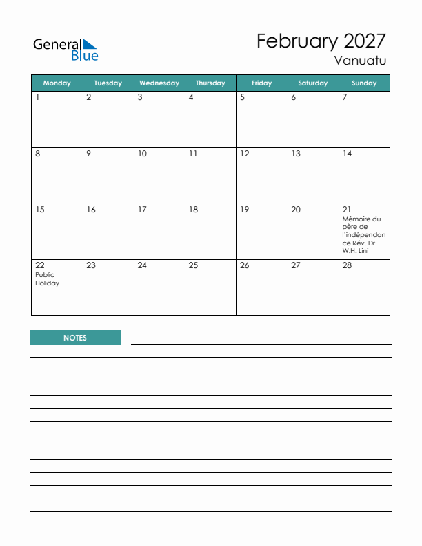 Calendar with Notes Printable - Monday Start