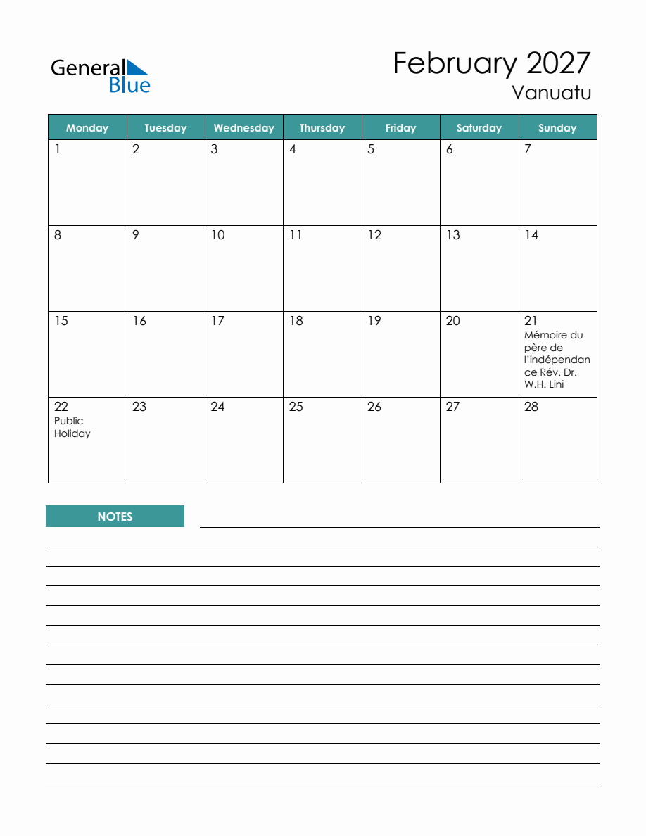 Monthly Planner with Vanuatu Holidays - February 2027 (Monday Start)