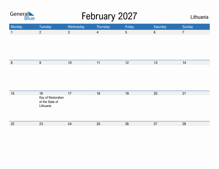 Fillable February 2027 Calendar