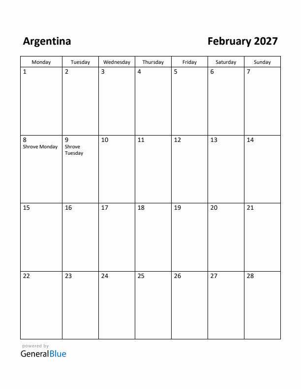 February 2027 Calendar with Argentina Holidays
