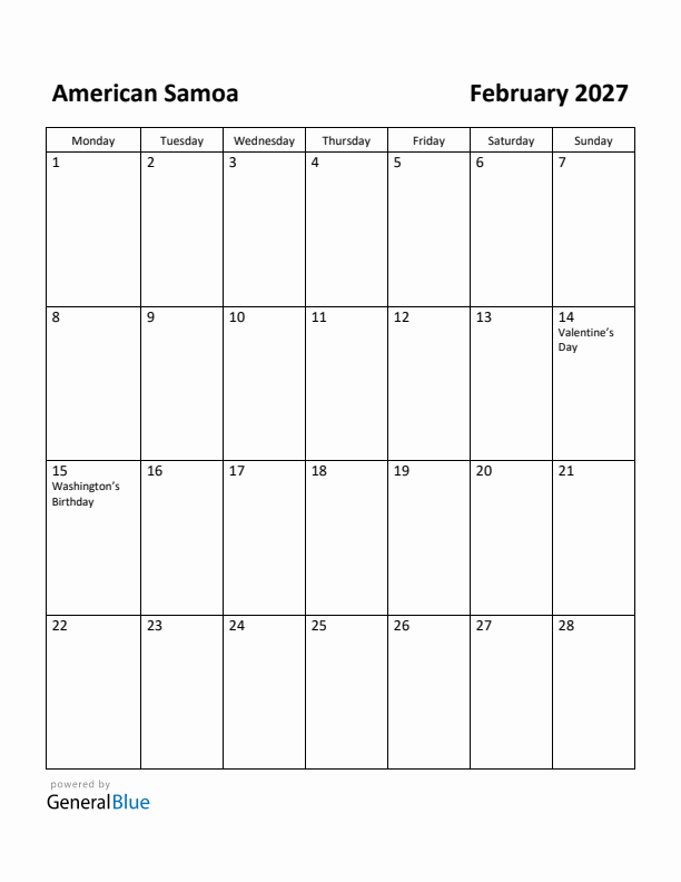 February 2027 Calendar with American Samoa Holidays