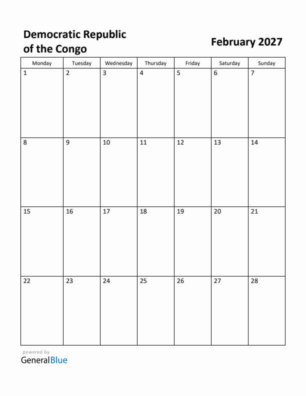 February 2027 Calendar with Democratic Republic of the Congo Holidays
