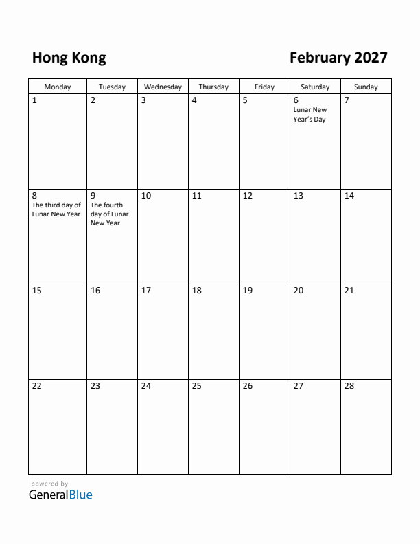 February 2027 Calendar with Hong Kong Holidays
