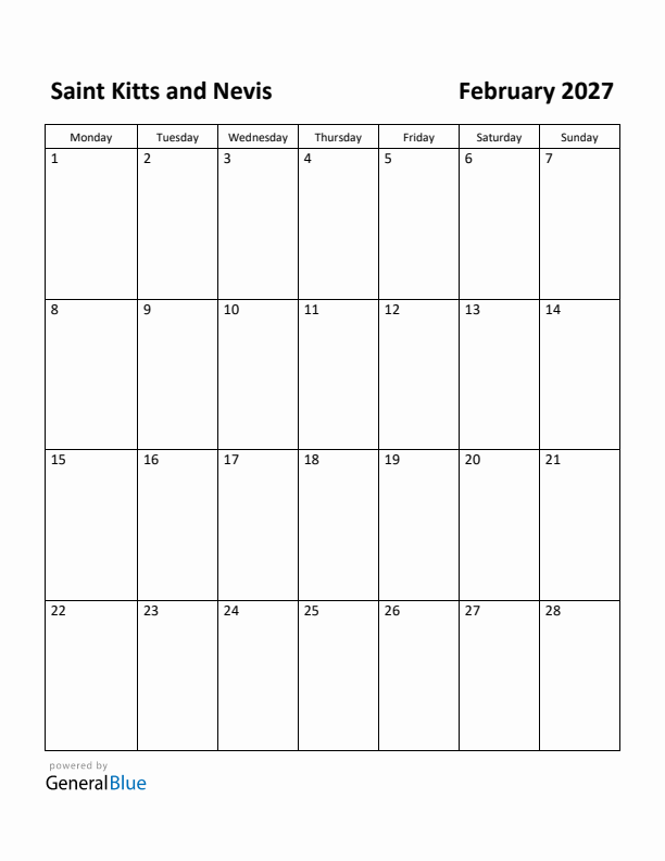 February 2027 Calendar with Saint Kitts and Nevis Holidays