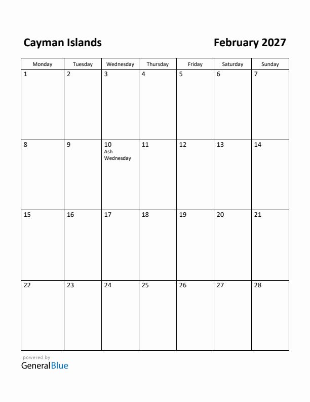 February 2027 Calendar with Cayman Islands Holidays