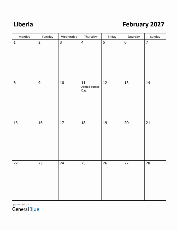 February 2027 Calendar with Liberia Holidays