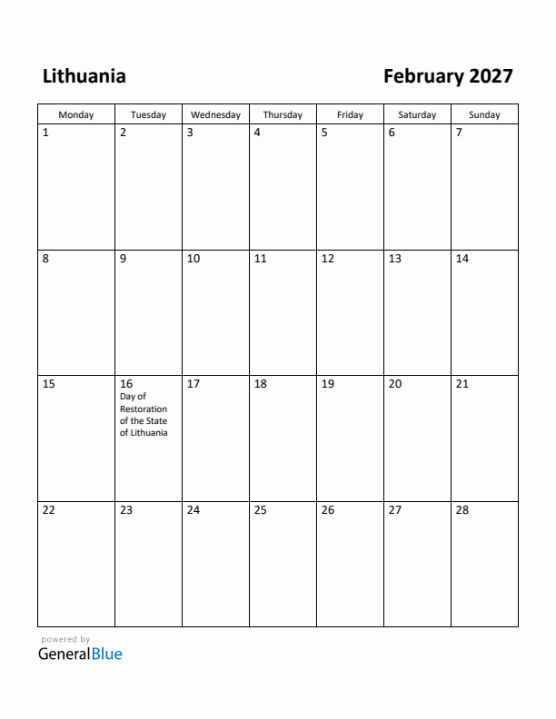 February 2027 Calendar with Lithuania Holidays