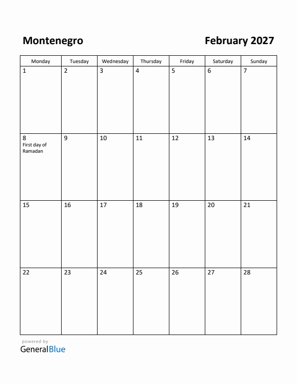 February 2027 Calendar with Montenegro Holidays