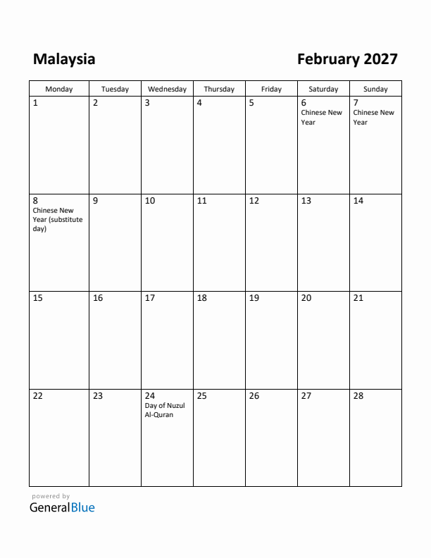February 2027 Calendar with Malaysia Holidays